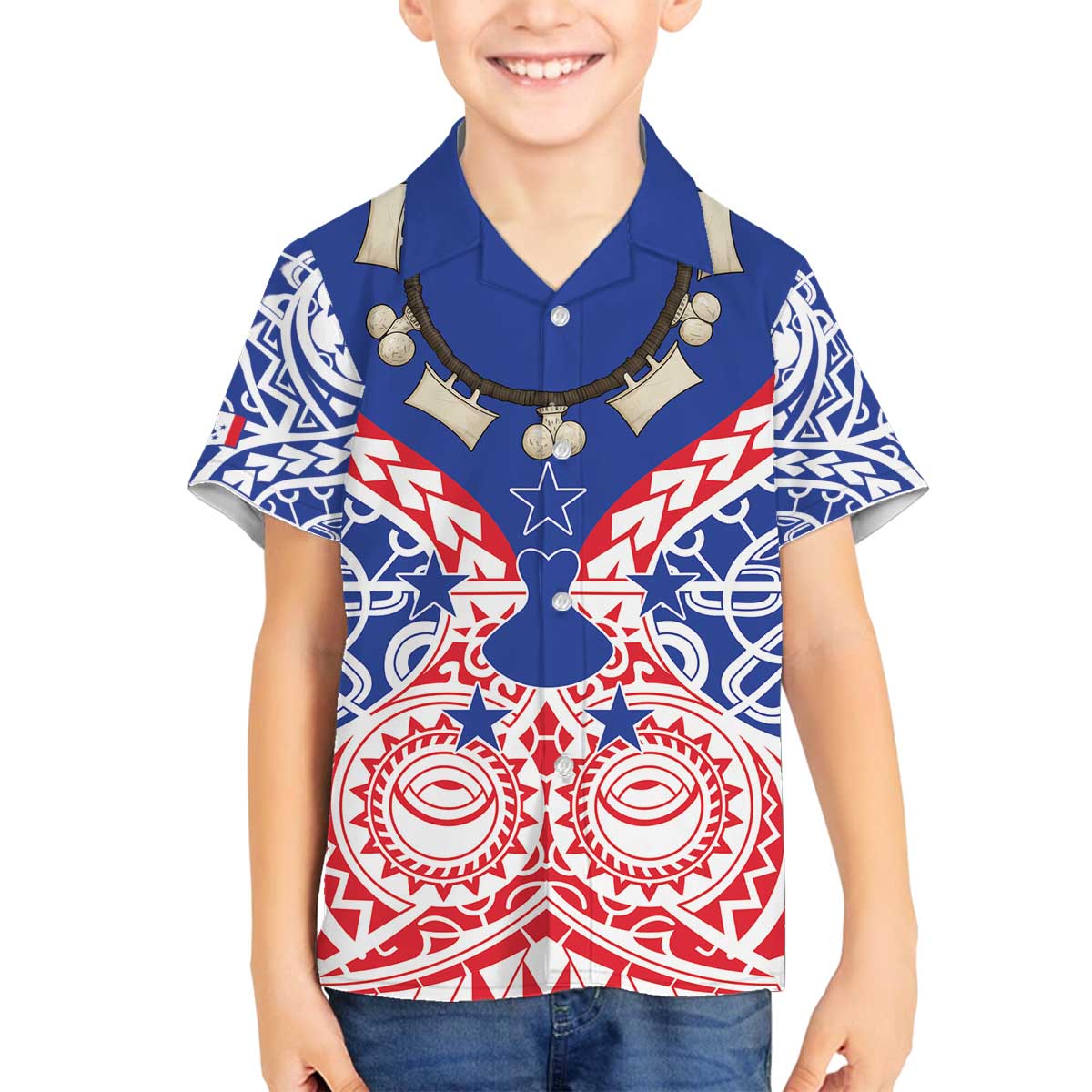 Austral Islands Family Matching Off The Shoulder Long Sleeve Dress and Hawaiian Shirt Tuhaa Pae Penu Stars Necklace Red LT14 Son's Shirt Red - Polynesian Pride
