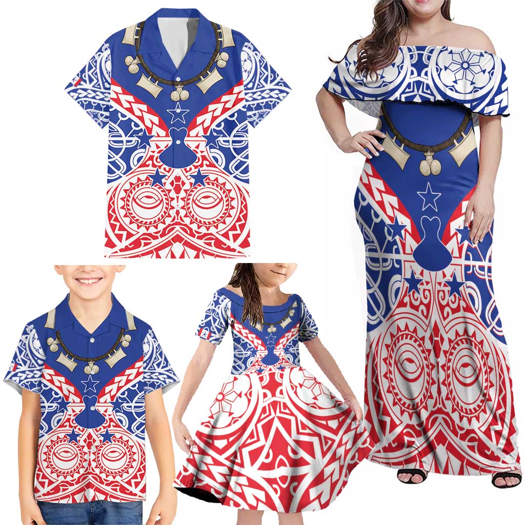 Austral Islands Family Matching Off Shoulder Maxi Dress and Hawaiian Shirt Tuhaa Pae Penu Stars Necklace Red LT14 - Polynesian Pride