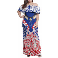Austral Islands Family Matching Off Shoulder Maxi Dress and Hawaiian Shirt Tuhaa Pae Penu Stars Necklace Red LT14 Mom's Dress Red - Polynesian Pride