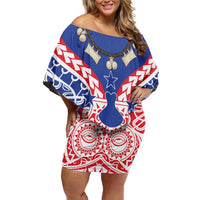 Austral Islands Family Matching Off Shoulder Short Dress and Hawaiian Shirt Tuhaa Pae Penu Stars Necklace Red LT14 Mom's Dress Red - Polynesian Pride