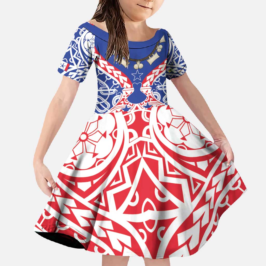 Austral Islands Family Matching Short Sleeve Bodycon Dress and Hawaiian Shirt Tuhaa Pae Penu Stars Necklace Red LT14 Daughter's Dress Red - Polynesian Pride