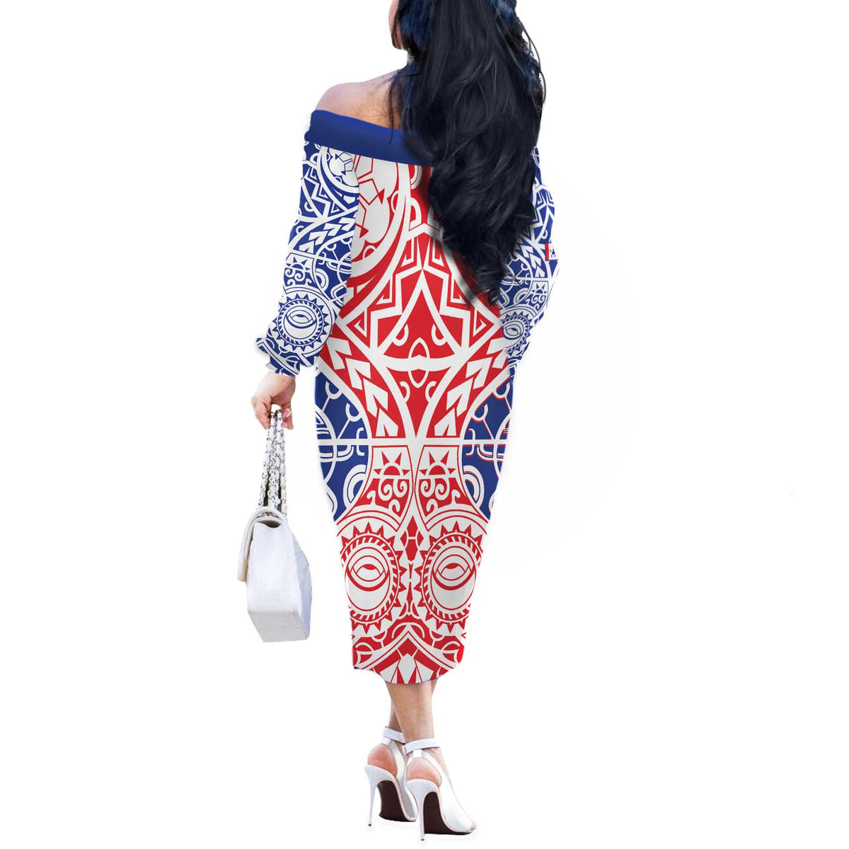 Austral Islands Off The Shoulder Long Sleeve Dress Tuhaa Pae Penu Stars Necklace Red - Polynesian Pride