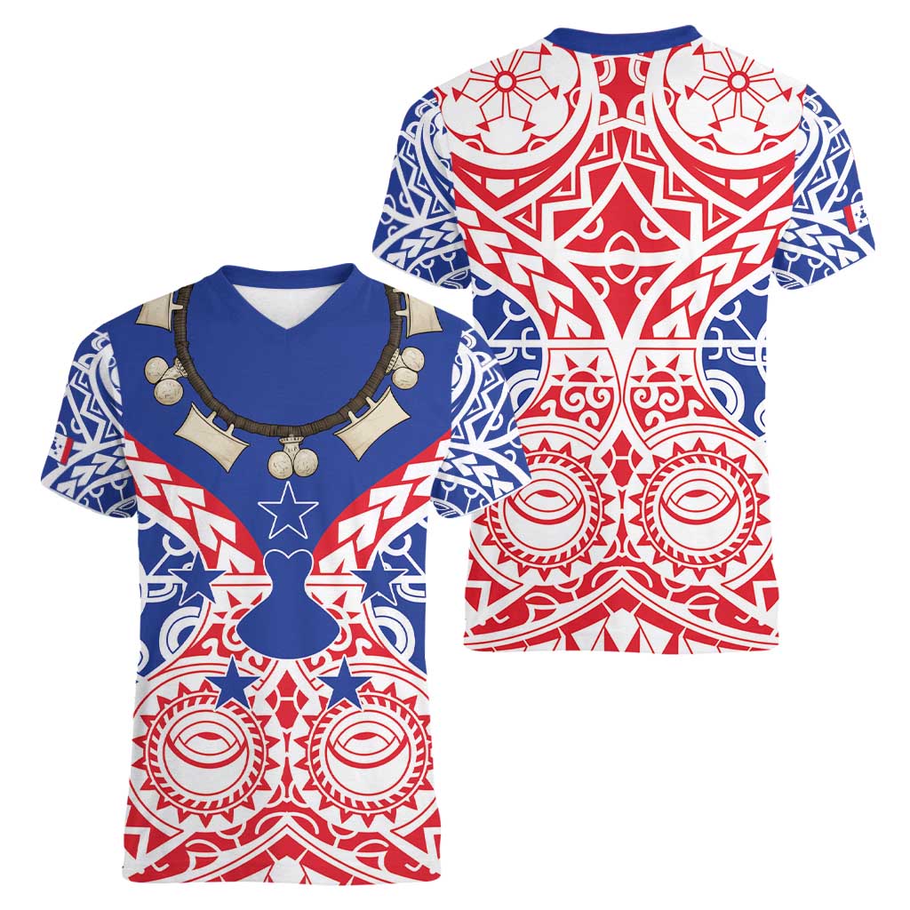 Austral Islands Women V-Neck T-Shirt Tuhaa Pae Penu Stars Necklace Red LT14 - Polynesian Pride