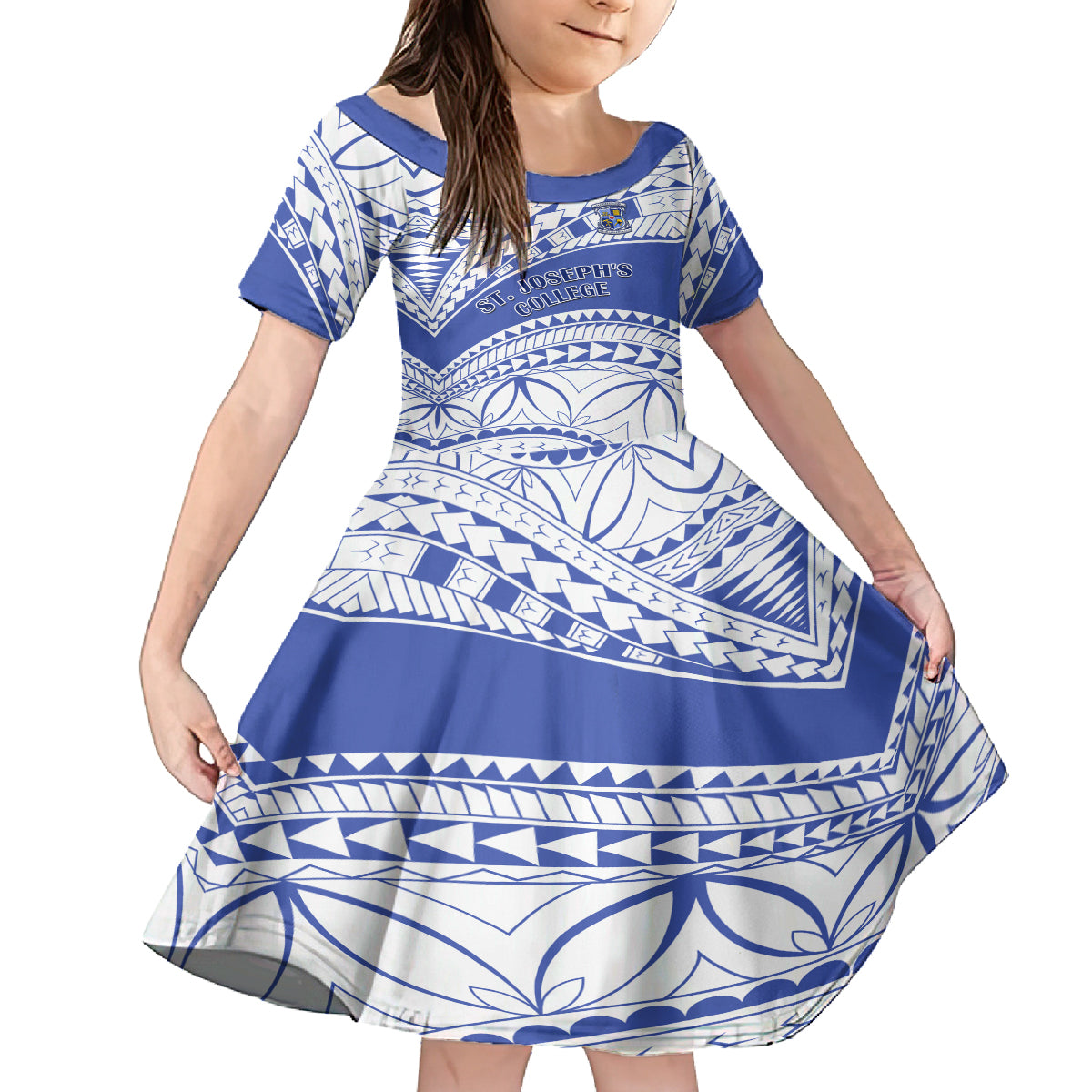 Personalised Samoa St Josephs College Family Matching Puletasi Dress and Hawaiian Shirt Marist Brothers Samoan Pattern LT14 Daughter's Dress Blue - Polynesian Pride