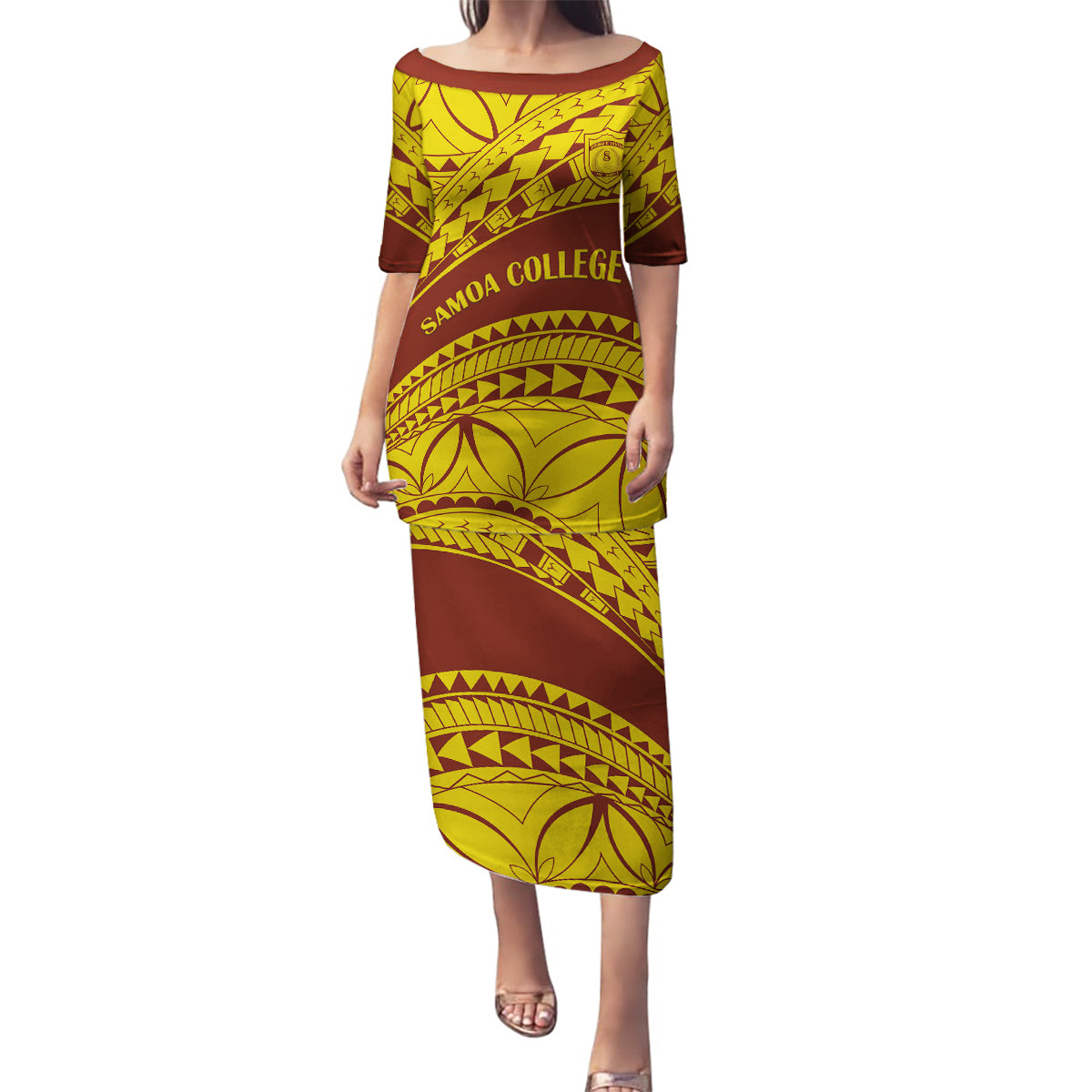 Personalised Samoa College Family Matching Puletasi Dress and Hawaiian Shirt Samoan Pattern LT14 Mom's Dress Gold - Polynesian Pride
