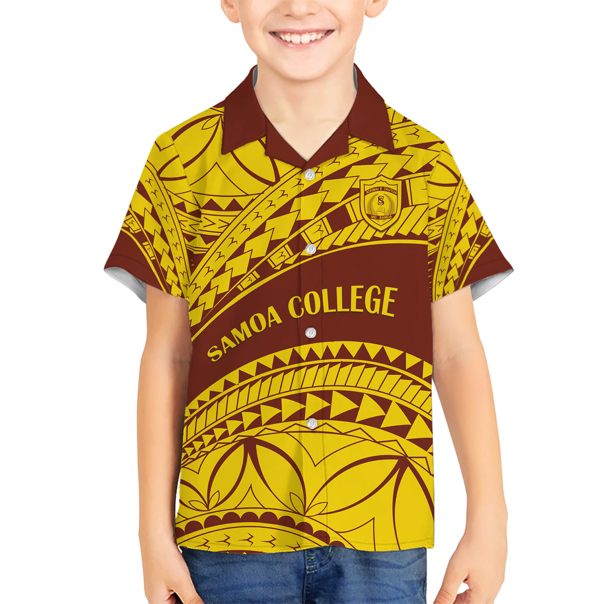 Personalised Samoa College Family Matching Short Sleeve Bodycon Dress and Hawaiian Shirt Samoan Pattern LT14 Son's Shirt Gold - Polynesian Pride