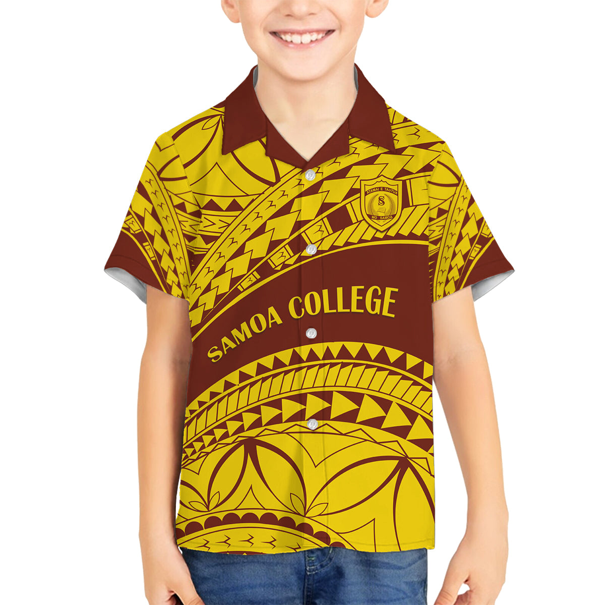 Personalised Samoa College Family Matching Summer Maxi Dress and Hawaiian Shirt Samoan Pattern LT14 Son's Shirt Gold - Polynesian Pride
