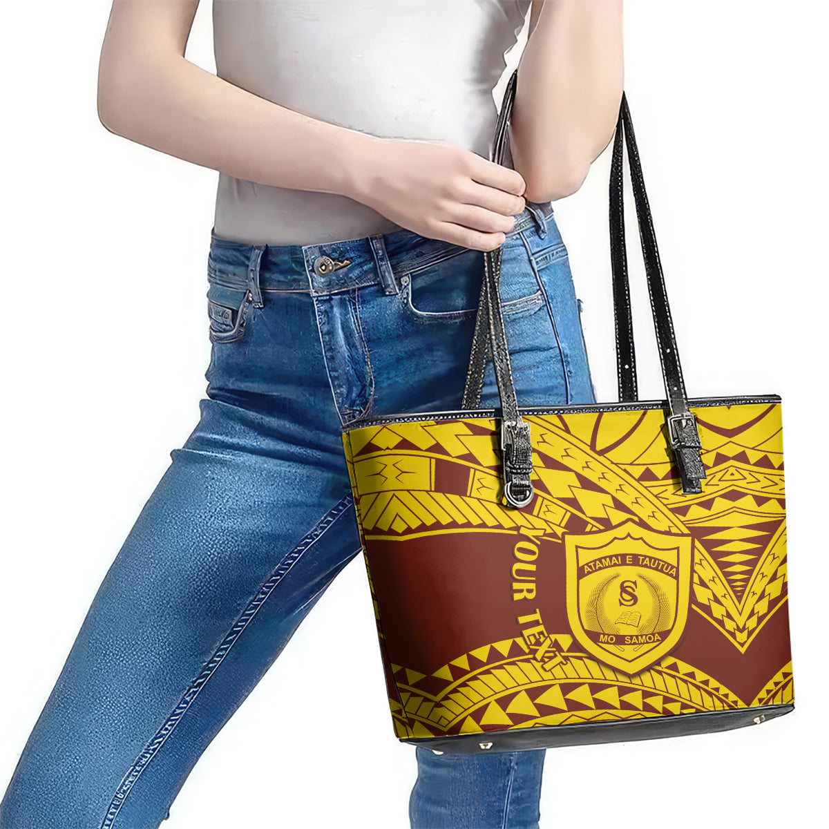 Personalised Samoa College Leather Tote Bag Samoan Pattern LT14 - Polynesian Pride