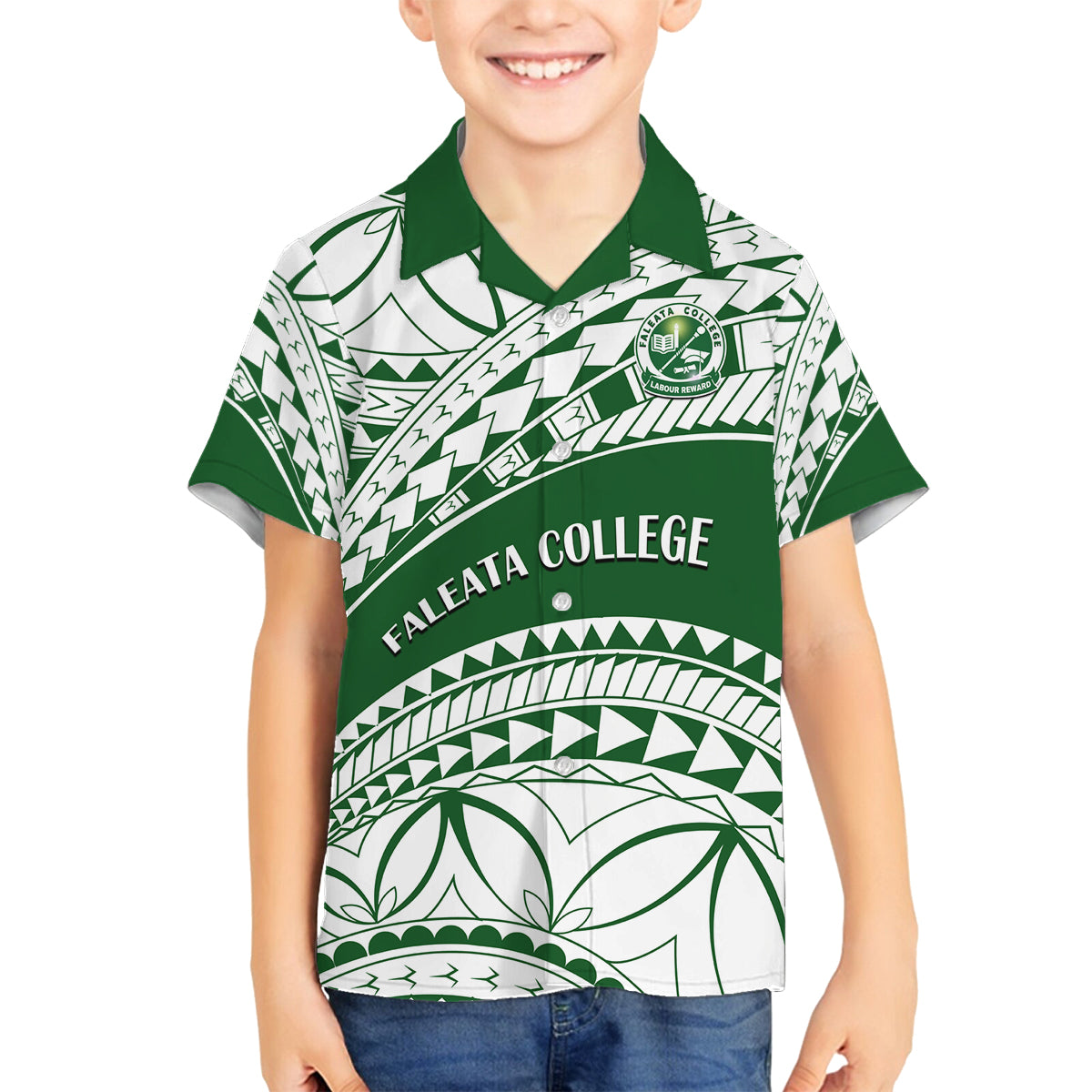 Personalised Samoa Faleata College Family Matching Off Shoulder Long Sleeve Dress and Hawaiian Shirt Samoan Pattern LT14 Son's Shirt Green - Polynesian Pride