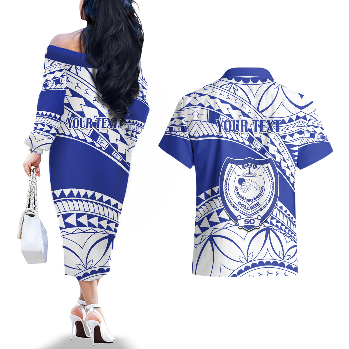 Personalised Samoa Safata College Couples Matching Off The Shoulder Long Sleeve Dress and Hawaiian Shirt Samoan Pattern LT14 - Polynesian Pride