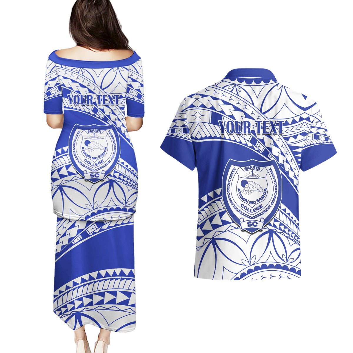 Personalised Samoa Safata College Couples Matching Puletasi Dress and Hawaiian Shirt Samoan Pattern LT14 - Polynesian Pride