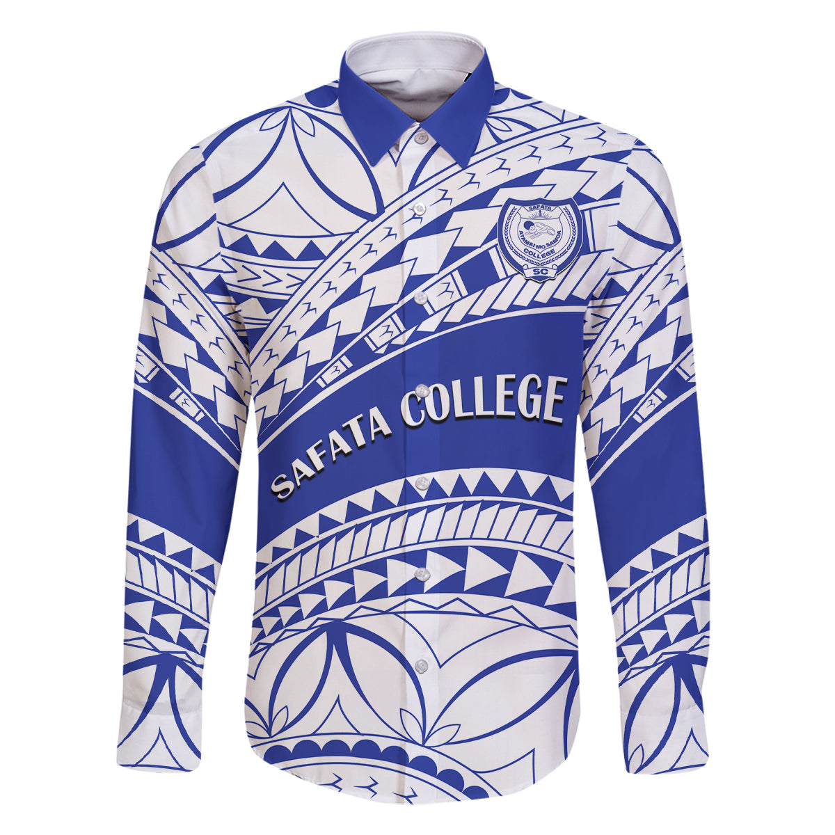 Personalised Samoa Safata College Family Matching Tank Maxi Dress and Hawaiian Shirt Samoan Pattern LT14 Dad's Shirt - Long Sleeve Blue - Polynesian Pride