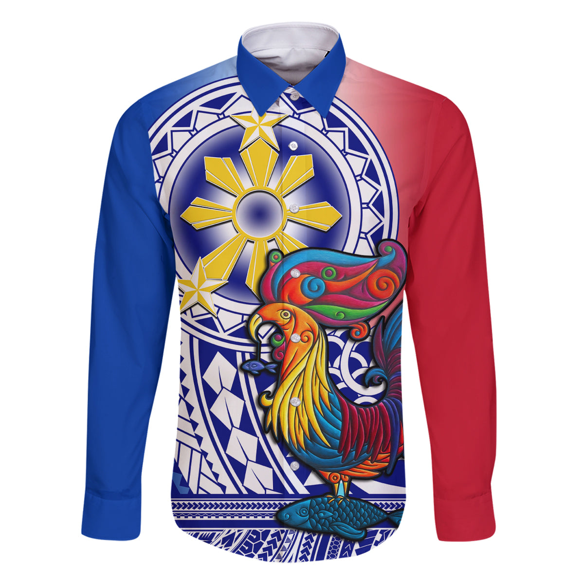 Personalised Philippines Family Matching Off Shoulder Maxi Dress and Hawaiian Shirt Filipino Sarimanok With Polynesian Tattoo LT14 Dad's Shirt - Long Sleeve Blue - Polynesian Pride