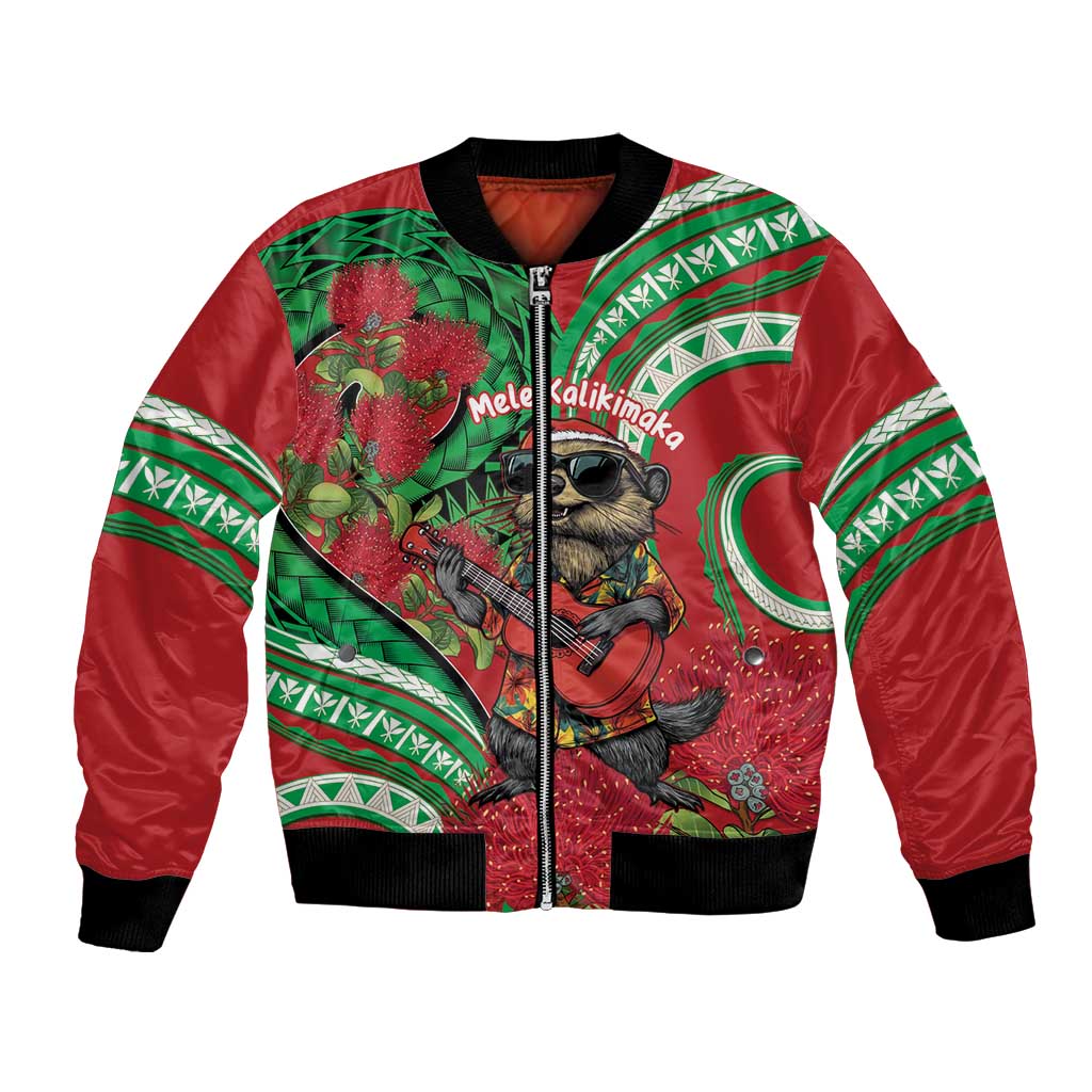 Mele Kalikimaka Hawaii Bomber Jacket Mongoose Santa With Ohia Lehua LT14 Unisex Red - Polynesian Pride