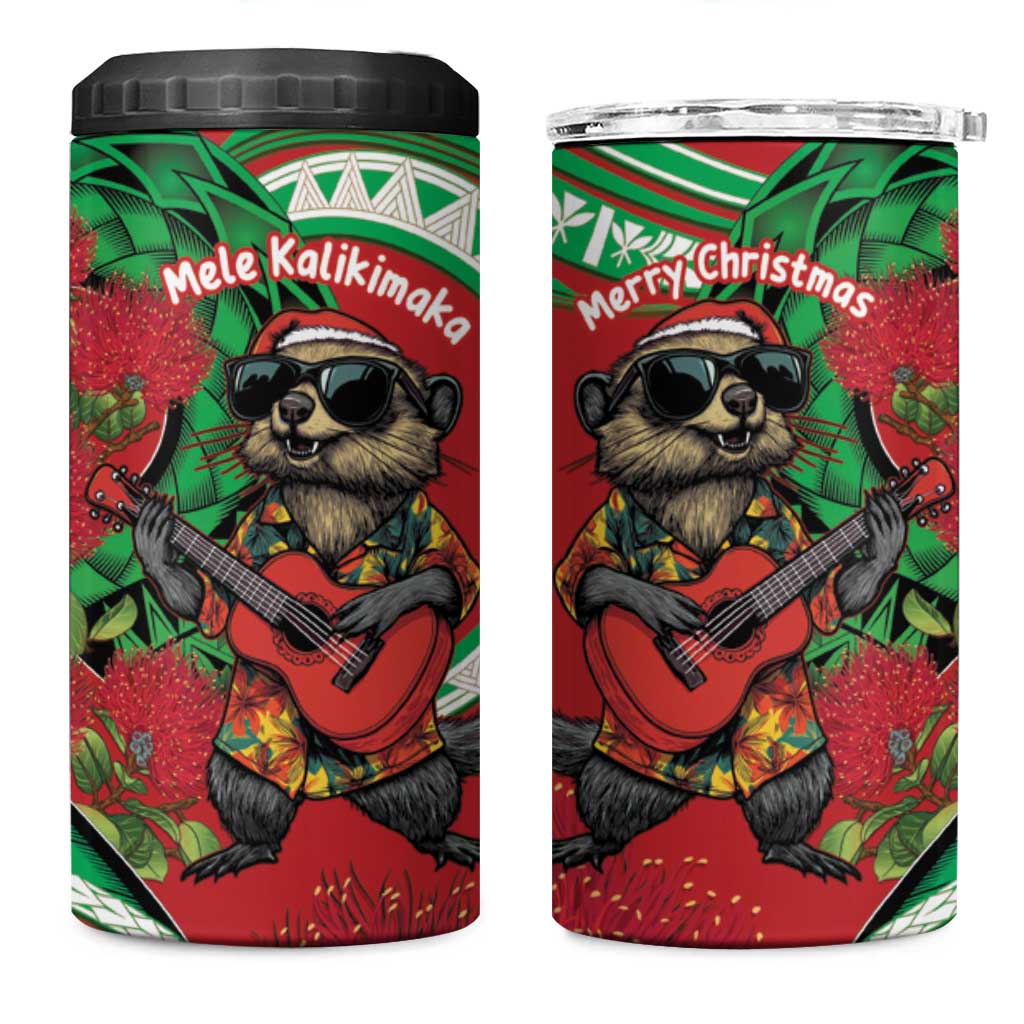 Mele Kalikimaka Hawaii 4 in 1 Can Cooler Tumbler Mongoose Santa With Ohia Lehua LT14 One Size: 16 oz Red - Polynesian Pride