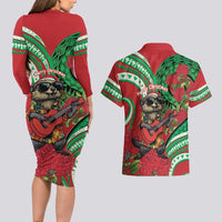 Mele Kalikimaka Hawaii Couples Matching Long Sleeve Bodycon Dress and Hawaiian Shirt Mongoose Santa With Ohia Lehua LT14 - Polynesian Pride