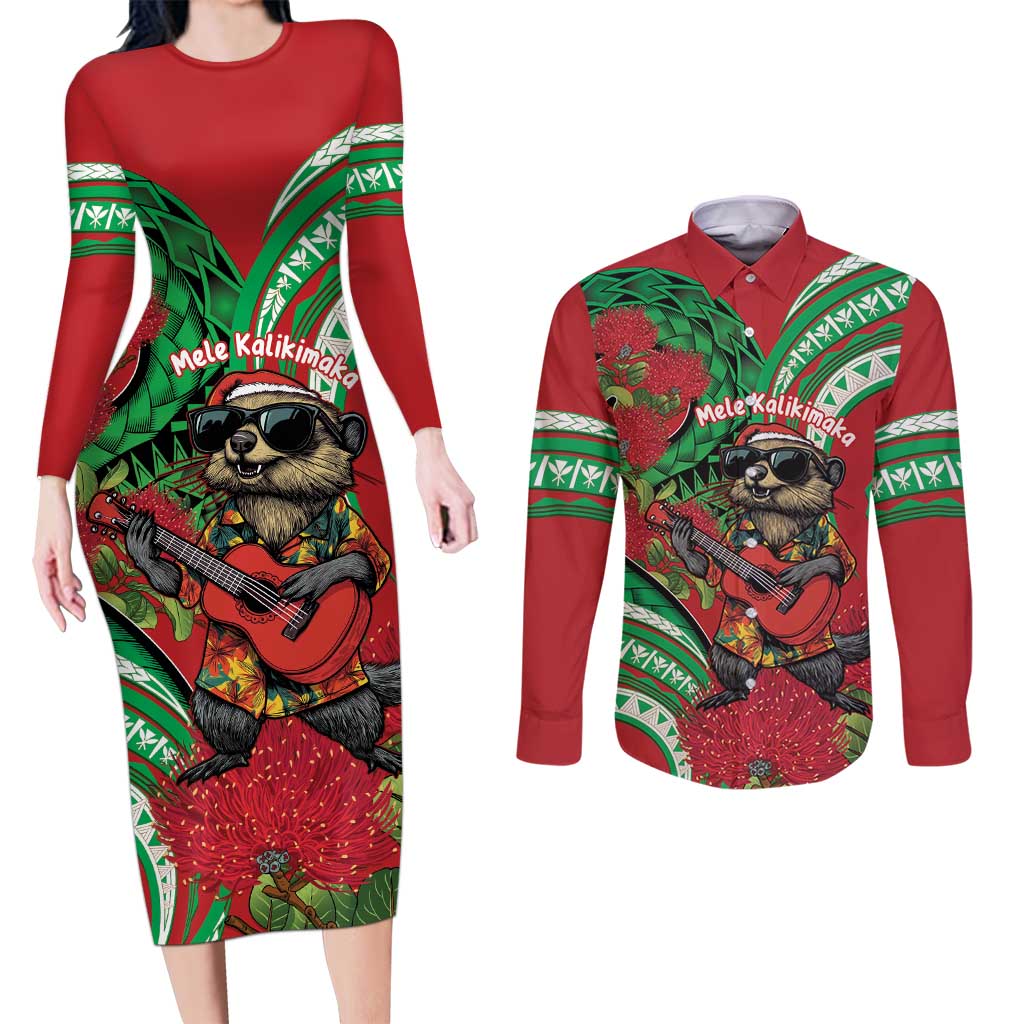 Mele Kalikimaka Hawaii Couples Matching Long Sleeve Bodycon Dress and Long Sleeve Button Shirt Mongoose Santa With Ohia Lehua LT14 Red - Polynesian Pride