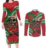 Mele Kalikimaka Hawaii Couples Matching Long Sleeve Bodycon Dress and Long Sleeve Button Shirt Mongoose Santa With Ohia Lehua LT14 Red - Polynesian Pride