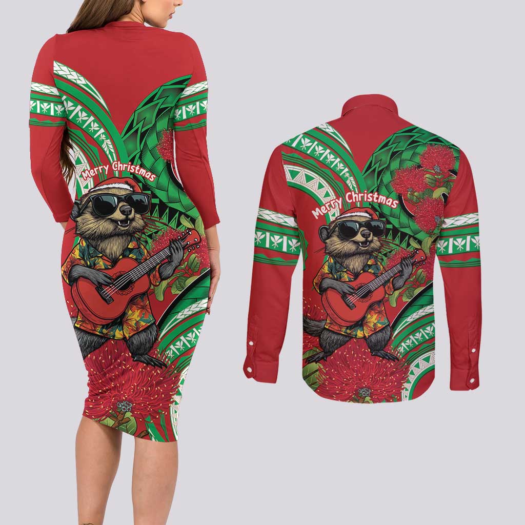 Mele Kalikimaka Hawaii Couples Matching Long Sleeve Bodycon Dress and Long Sleeve Button Shirt Mongoose Santa With Ohia Lehua LT14 - Polynesian Pride