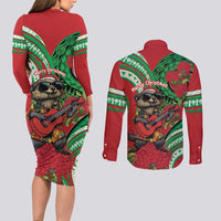 Mele Kalikimaka Hawaii Couples Matching Long Sleeve Bodycon Dress and Long Sleeve Button Shirt Mongoose Santa With Ohia Lehua LT14 - Polynesian Pride