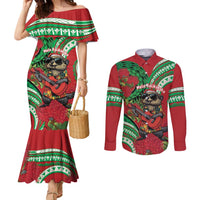 Mele Kalikimaka Hawaii Couples Matching Mermaid Dress and Long Sleeve Button Shirt Mongoose Santa With Ohia Lehua LT14 Red - Polynesian Pride