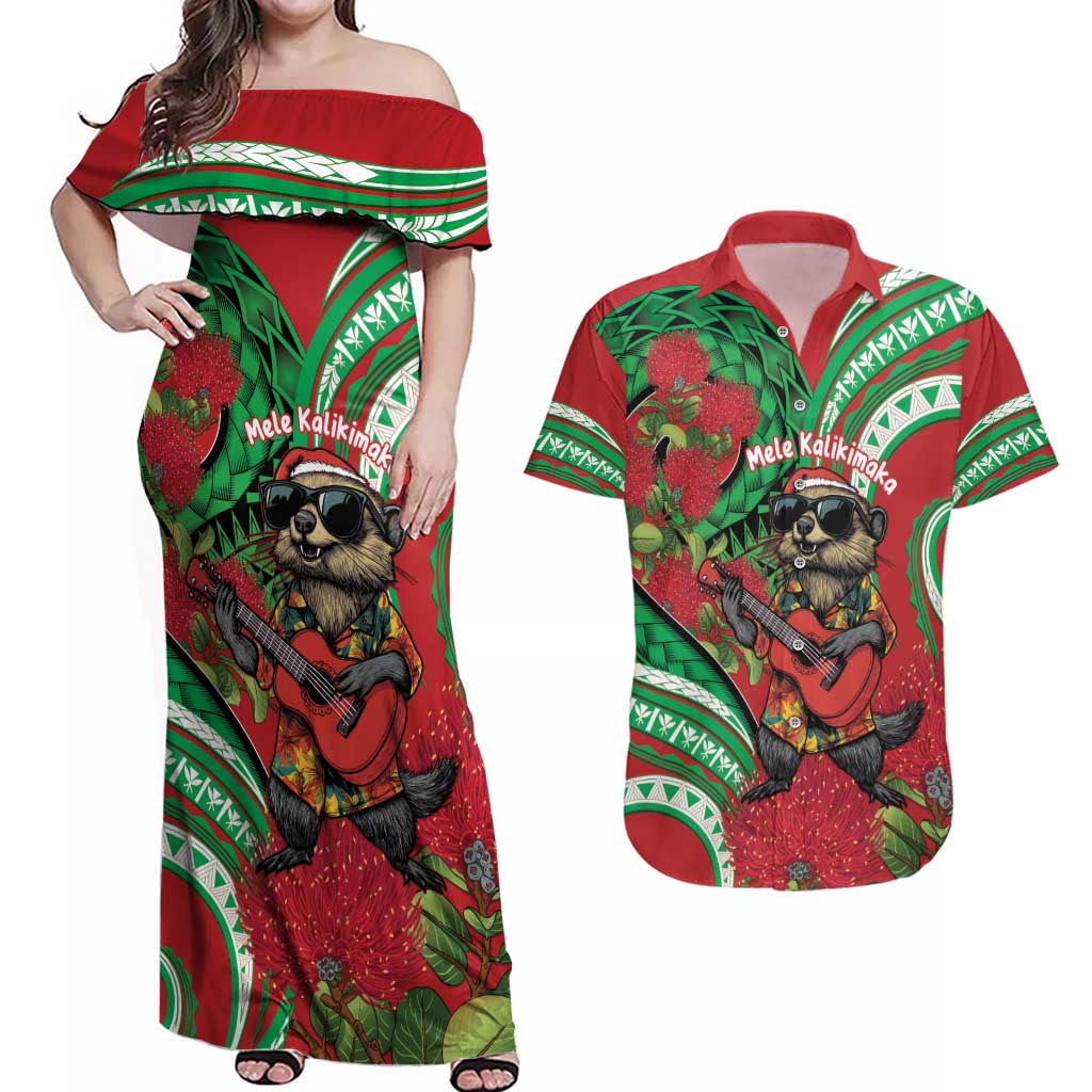 Mele Kalikimaka Hawaii Couples Matching Off Shoulder Maxi Dress and Hawaiian Shirt Mongoose Santa With Ohia Lehua LT14 Red - Polynesian Pride