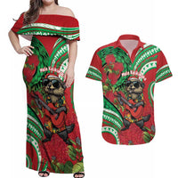 Mele Kalikimaka Hawaii Couples Matching Off Shoulder Maxi Dress and Hawaiian Shirt Mongoose Santa With Ohia Lehua LT14 Red - Polynesian Pride