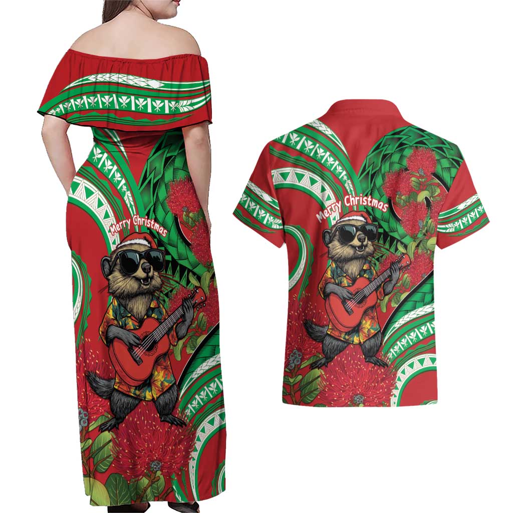 Mele Kalikimaka Hawaii Couples Matching Off Shoulder Maxi Dress and Hawaiian Shirt Mongoose Santa With Ohia Lehua LT14 - Polynesian Pride