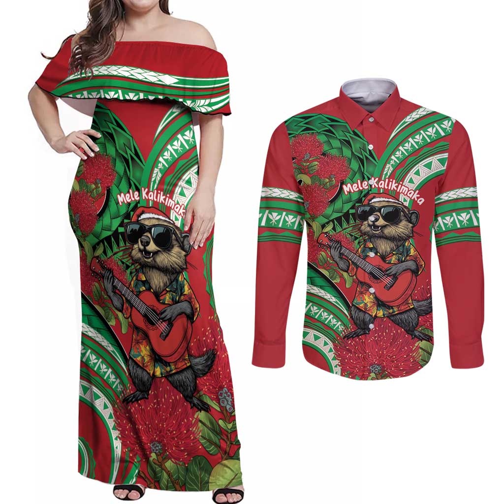 Mele Kalikimaka Hawaii Couples Matching Off Shoulder Maxi Dress and Long Sleeve Button Shirt Mongoose Santa With Ohia Lehua LT14 Red - Polynesian Pride