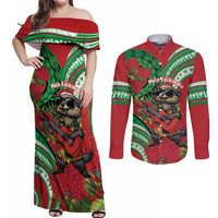 Mele Kalikimaka Hawaii Couples Matching Off Shoulder Maxi Dress and Long Sleeve Button Shirt Mongoose Santa With Ohia Lehua LT14 Red - Polynesian Pride