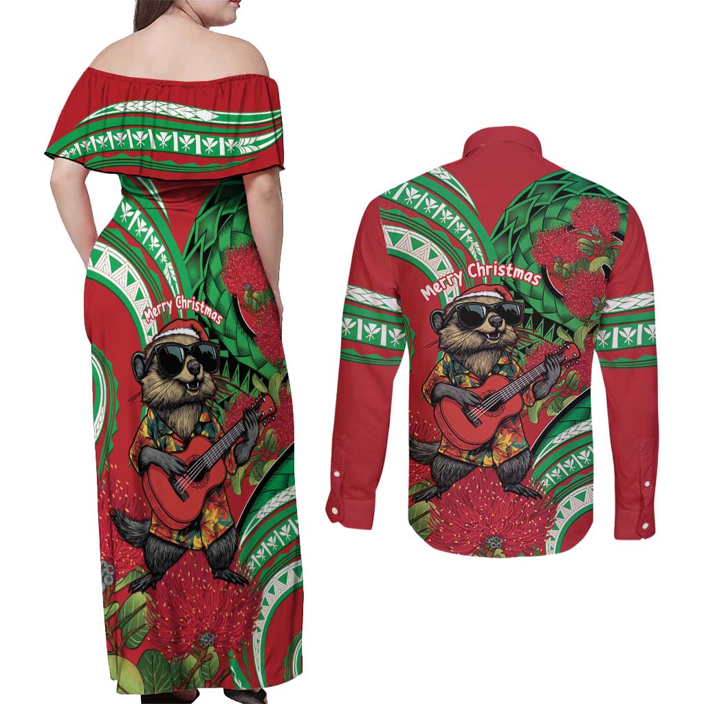 Mele Kalikimaka Hawaii Couples Matching Off Shoulder Maxi Dress and Long Sleeve Button Shirt Mongoose Santa With Ohia Lehua LT14 - Polynesian Pride