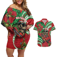 Mele Kalikimaka Hawaii Couples Matching Off Shoulder Short Dress and Hawaiian Shirt Mongoose Santa With Ohia Lehua LT14 Red - Polynesian Pride