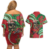 Mele Kalikimaka Hawaii Couples Matching Off Shoulder Short Dress and Hawaiian Shirt Mongoose Santa With Ohia Lehua LT14 - Polynesian Pride