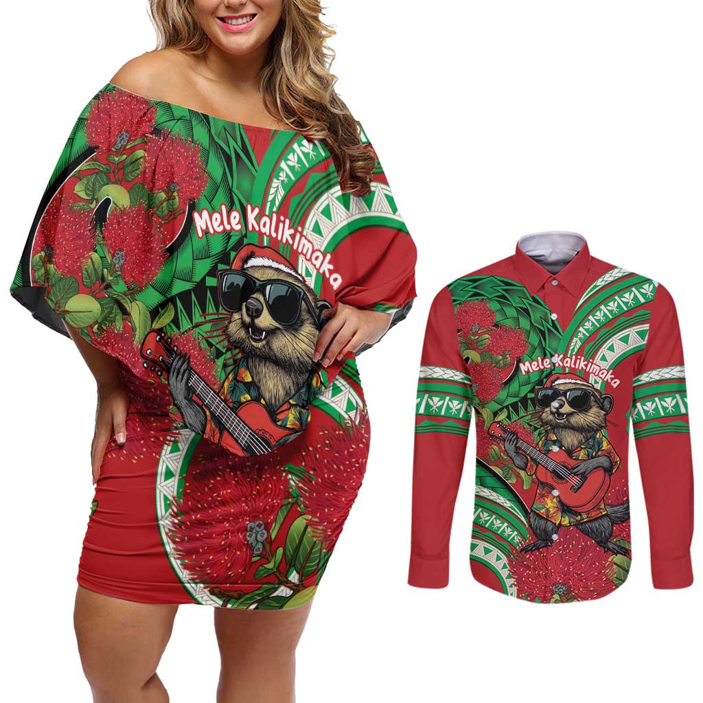Mele Kalikimaka Hawaii Couples Matching Off Shoulder Short Dress and Long Sleeve Button Shirt Mongoose Santa With Ohia Lehua LT14 Red - Polynesian Pride
