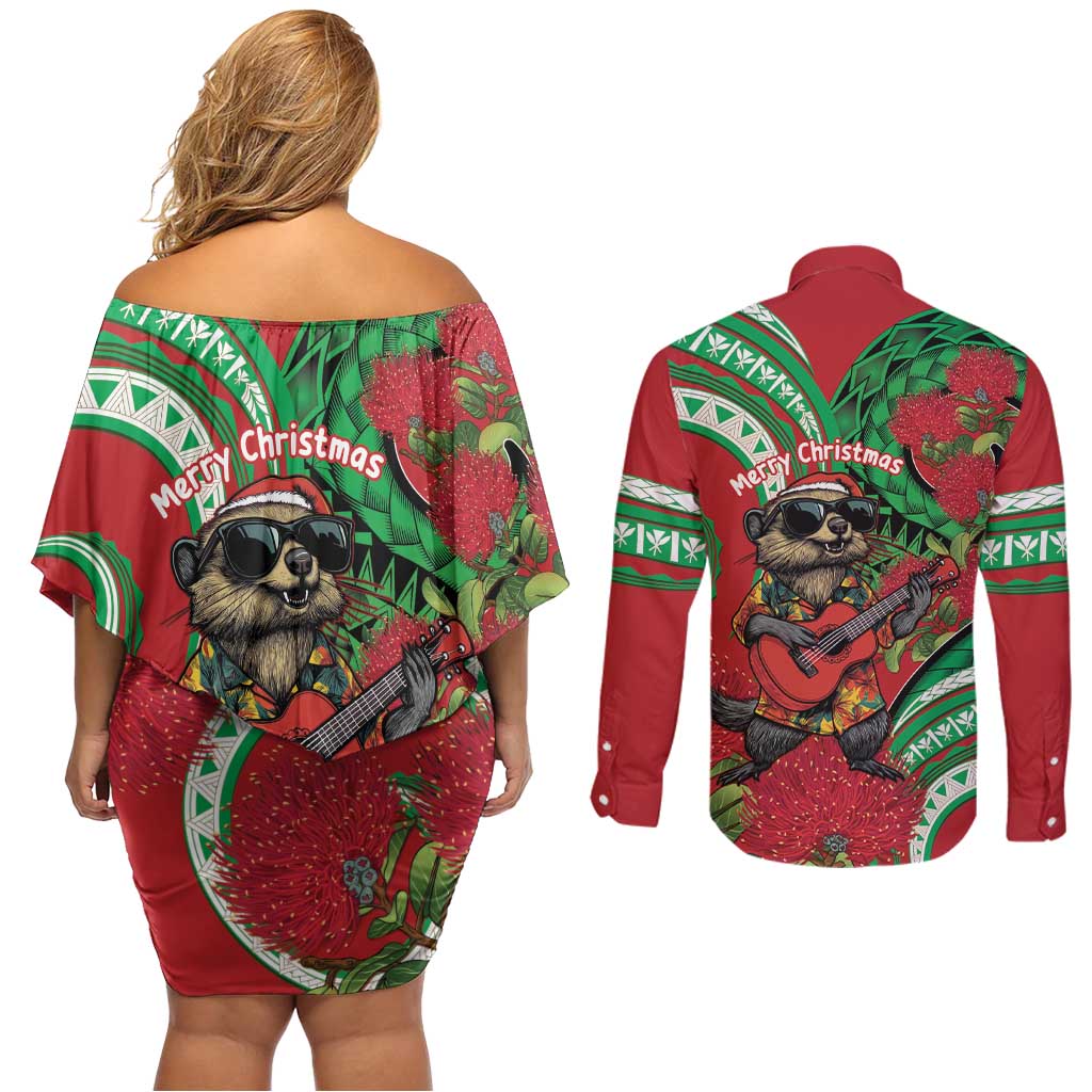 Mele Kalikimaka Hawaii Couples Matching Off Shoulder Short Dress and Long Sleeve Button Shirt Mongoose Santa With Ohia Lehua LT14 - Polynesian Pride
