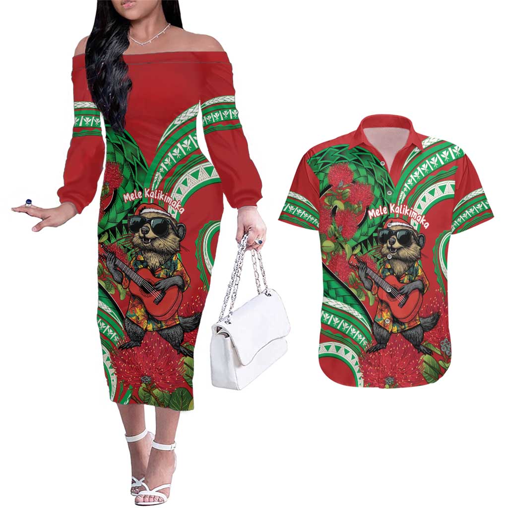 Mele Kalikimaka Hawaii Couples Matching Off The Shoulder Long Sleeve Dress and Hawaiian Shirt Mongoose Santa With Ohia Lehua LT14 Red - Polynesian Pride