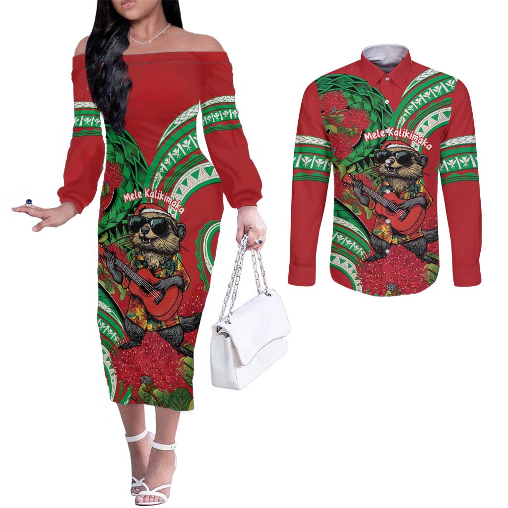 Mele Kalikimaka Hawaii Couples Matching Off The Shoulder Long Sleeve Dress and Long Sleeve Button Shirt Mongoose Santa With Ohia Lehua LT14 Red - Polynesian Pride