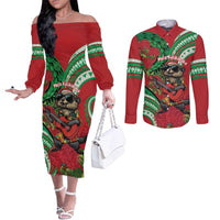 Mele Kalikimaka Hawaii Couples Matching Off The Shoulder Long Sleeve Dress and Long Sleeve Button Shirt Mongoose Santa With Ohia Lehua LT14 Red - Polynesian Pride