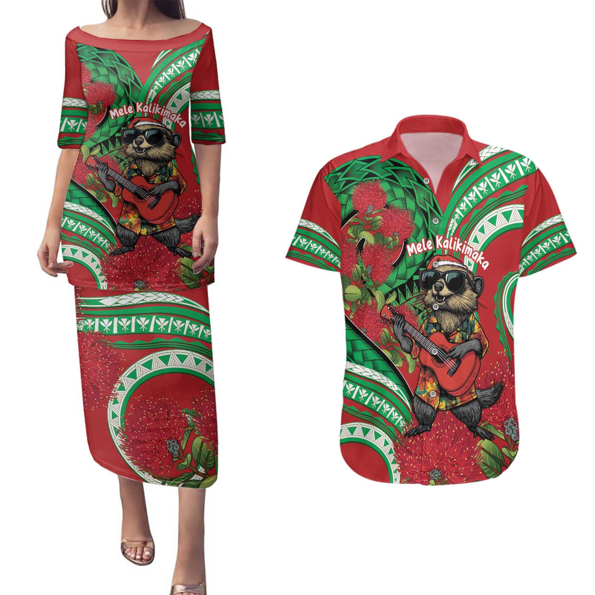 Mele Kalikimaka Hawaii Couples Matching Puletasi and Hawaiian Shirt Mongoose Santa With Ohia Lehua LT14 Red - Polynesian Pride
