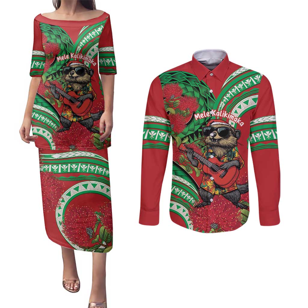 Mele Kalikimaka Hawaii Couples Matching Puletasi and Long Sleeve Button Shirt Mongoose Santa With Ohia Lehua LT14 Red - Polynesian Pride