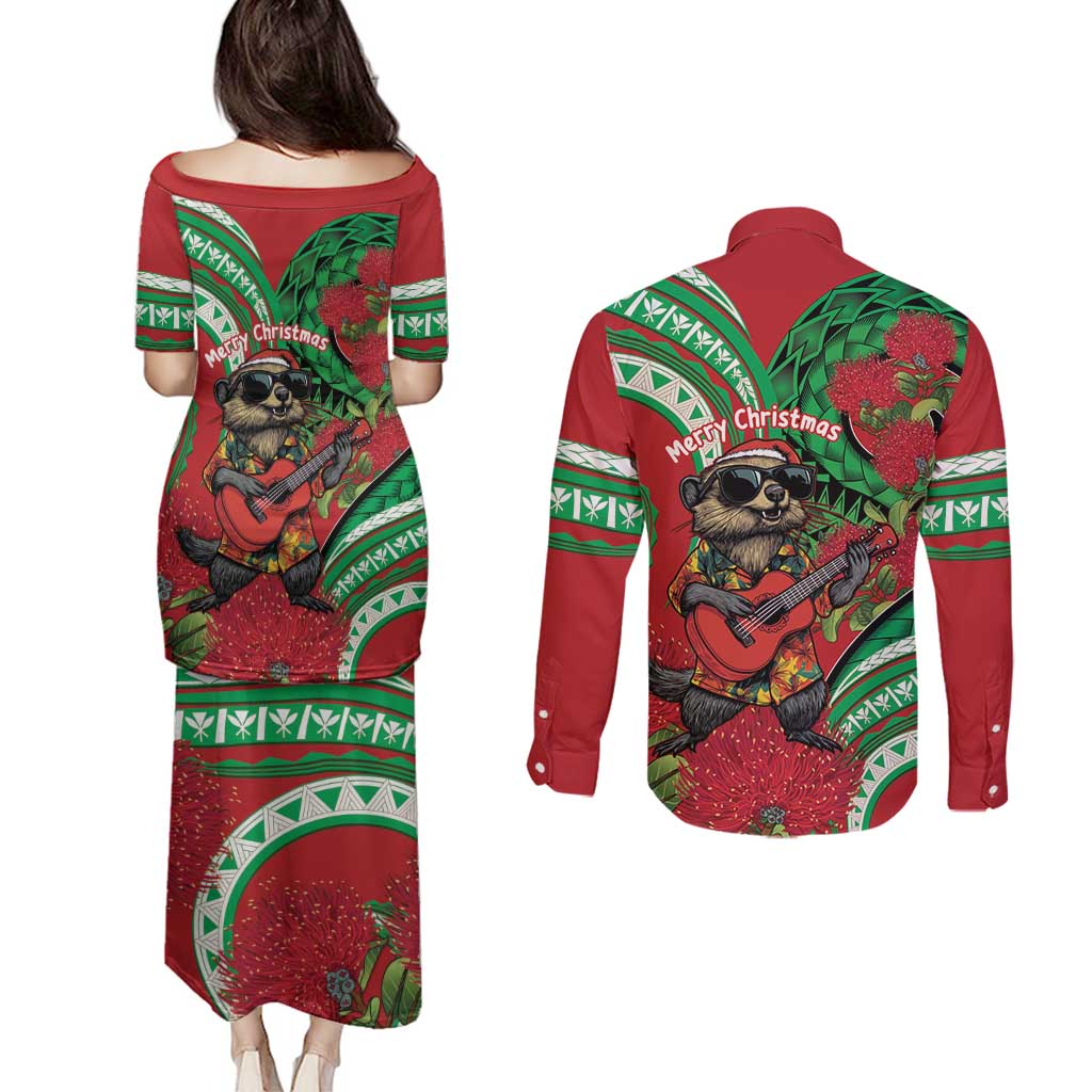 Mele Kalikimaka Hawaii Couples Matching Puletasi and Long Sleeve Button Shirt Mongoose Santa With Ohia Lehua LT14 - Polynesian Pride