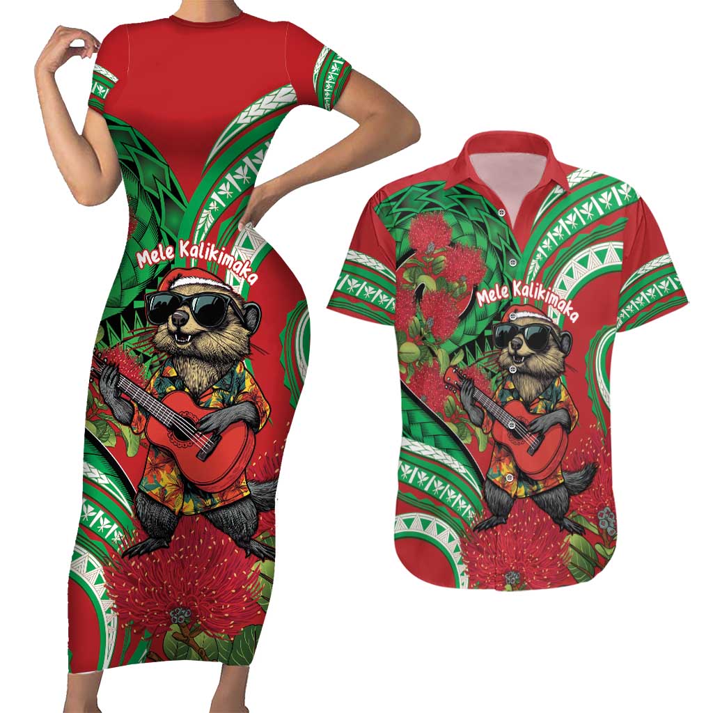 Mele Kalikimaka Hawaii Couples Matching Short Sleeve Bodycon Dress and Hawaiian Shirt Mongoose Santa With Ohia Lehua LT14 Red - Polynesian Pride
