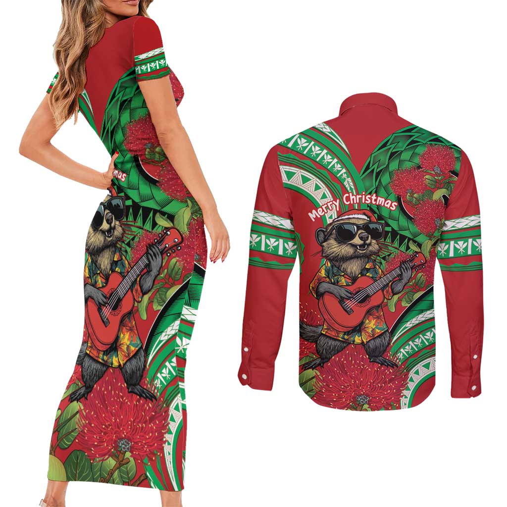 Mele Kalikimaka Hawaii Couples Matching Short Sleeve Bodycon Dress and Long Sleeve Button Shirt Mongoose Santa With Ohia Lehua LT14 - Polynesian Pride