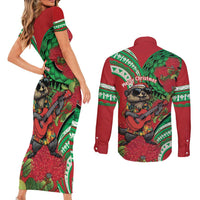 Mele Kalikimaka Hawaii Couples Matching Short Sleeve Bodycon Dress and Long Sleeve Button Shirt Mongoose Santa With Ohia Lehua LT14 - Polynesian Pride