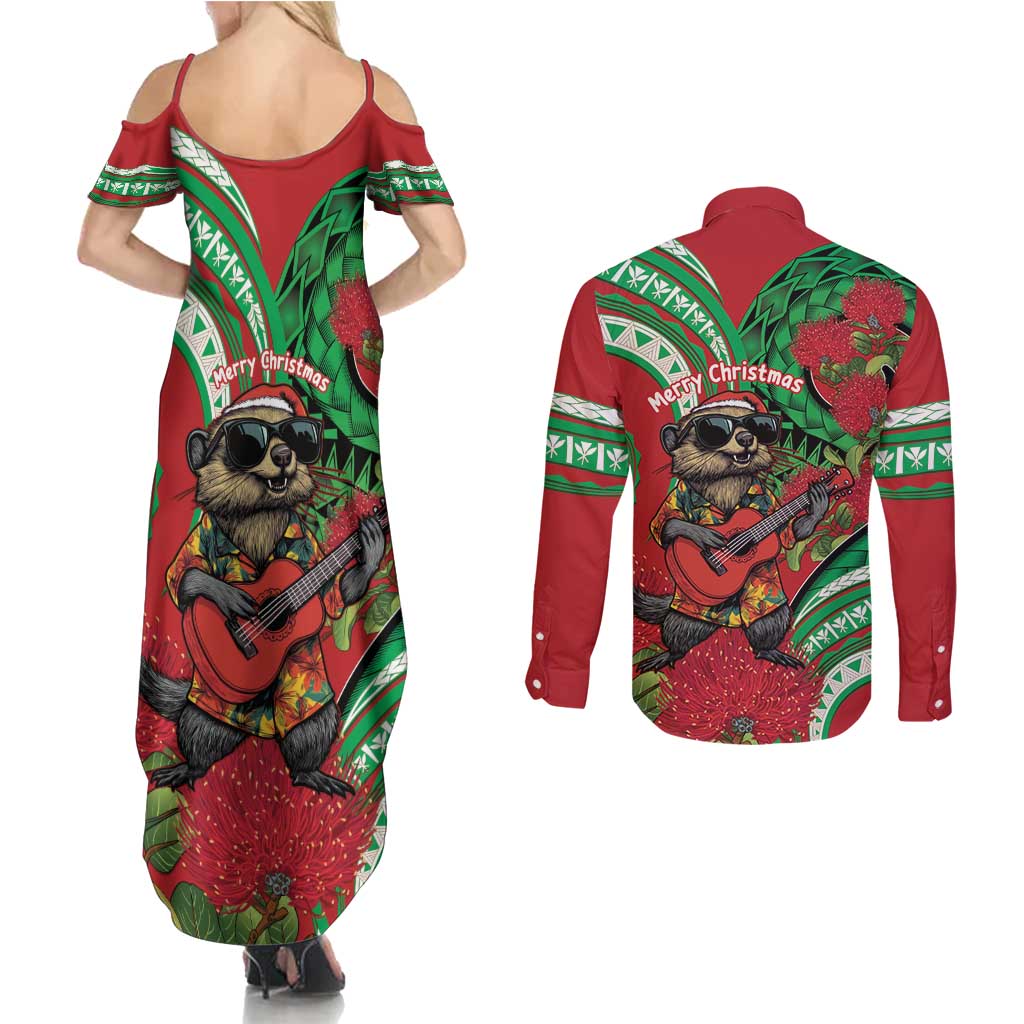 Mele Kalikimaka Hawaii Couples Matching Summer Maxi Dress and Long Sleeve Button Shirt Mongoose Santa With Ohia Lehua LT14 - Polynesian Pride