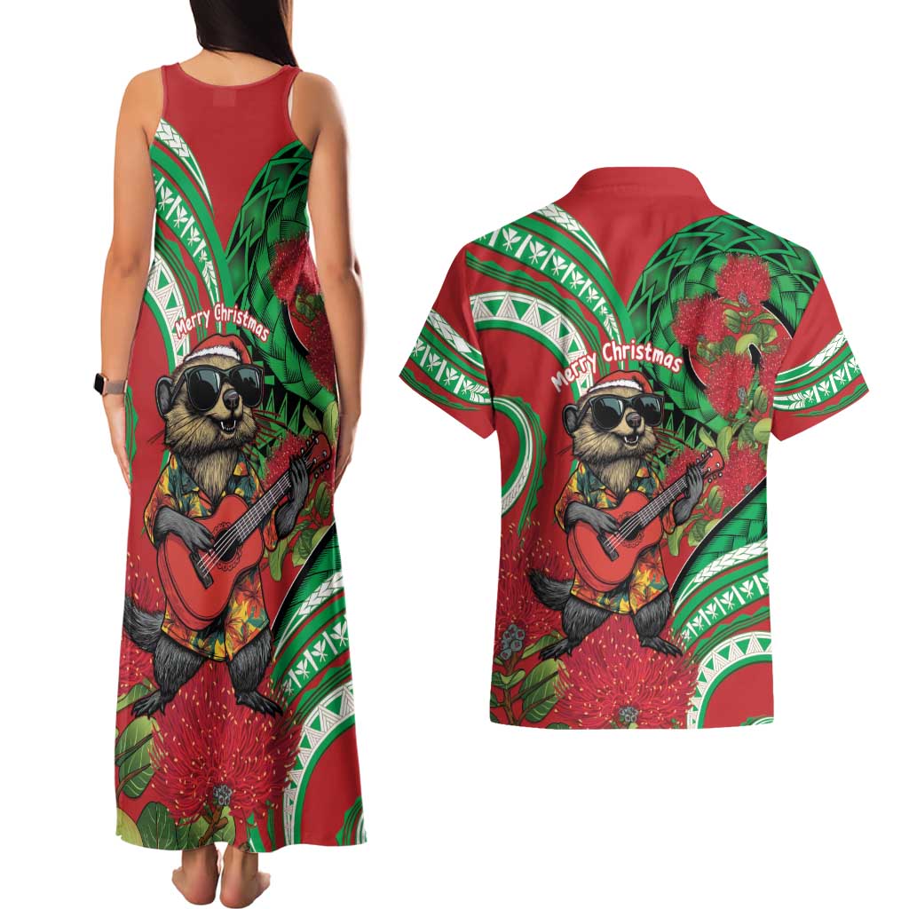 Mele Kalikimaka Hawaii Couples Matching Tank Maxi Dress and Hawaiian Shirt Mongoose Santa With Ohia Lehua LT14 - Polynesian Pride