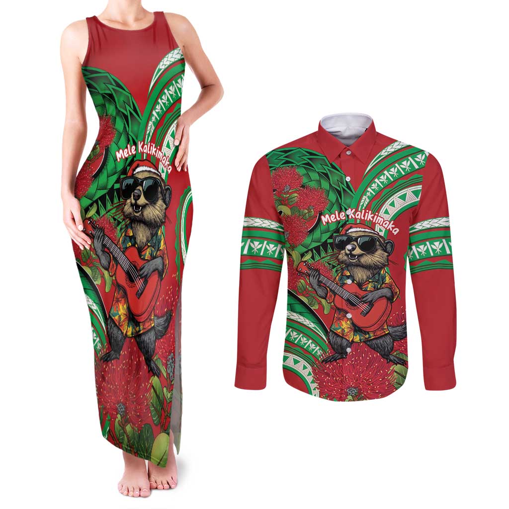 Mele Kalikimaka Hawaii Couples Matching Tank Maxi Dress and Long Sleeve Button Shirt Mongoose Santa With Ohia Lehua LT14 Red - Polynesian Pride