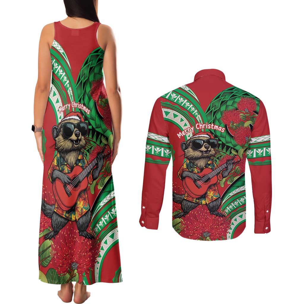 Mele Kalikimaka Hawaii Couples Matching Tank Maxi Dress and Long Sleeve Button Shirt Mongoose Santa With Ohia Lehua LT14 - Polynesian Pride