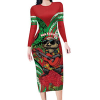 Mele Kalikimaka Hawaii Family Matching Long Sleeve Bodycon Dress and Hawaiian Shirt Mongoose Santa With Ohia Lehua LT14 Mom's Dress Red - Polynesian Pride