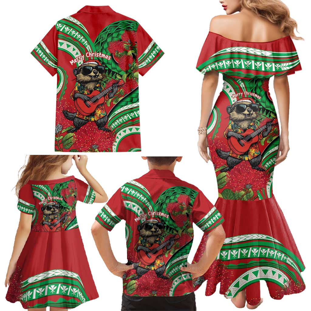 Mele Kalikimaka Hawaii Family Matching Mermaid Dress and Hawaiian Shirt Mongoose Santa With Ohia Lehua LT14 - Polynesian Pride